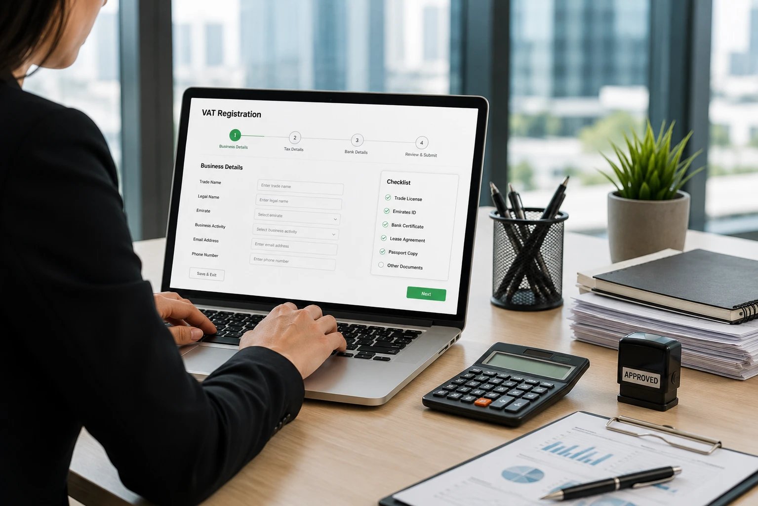 VAT registration process on laptop with checklist
